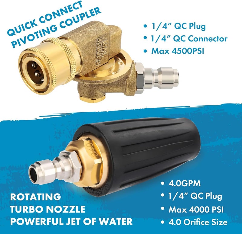 Twinkle Star Pressure Washer Tips Turbo Nozzle, 4000 PSI Max, 360°Rotating Spray Turbo, 7 Spray Nozzles, Gutter Cleaner 240° Pivoting Coupler, 1/4”Quick Connect, 7 Angles for Cleaning Brick, Concrete - Image 4